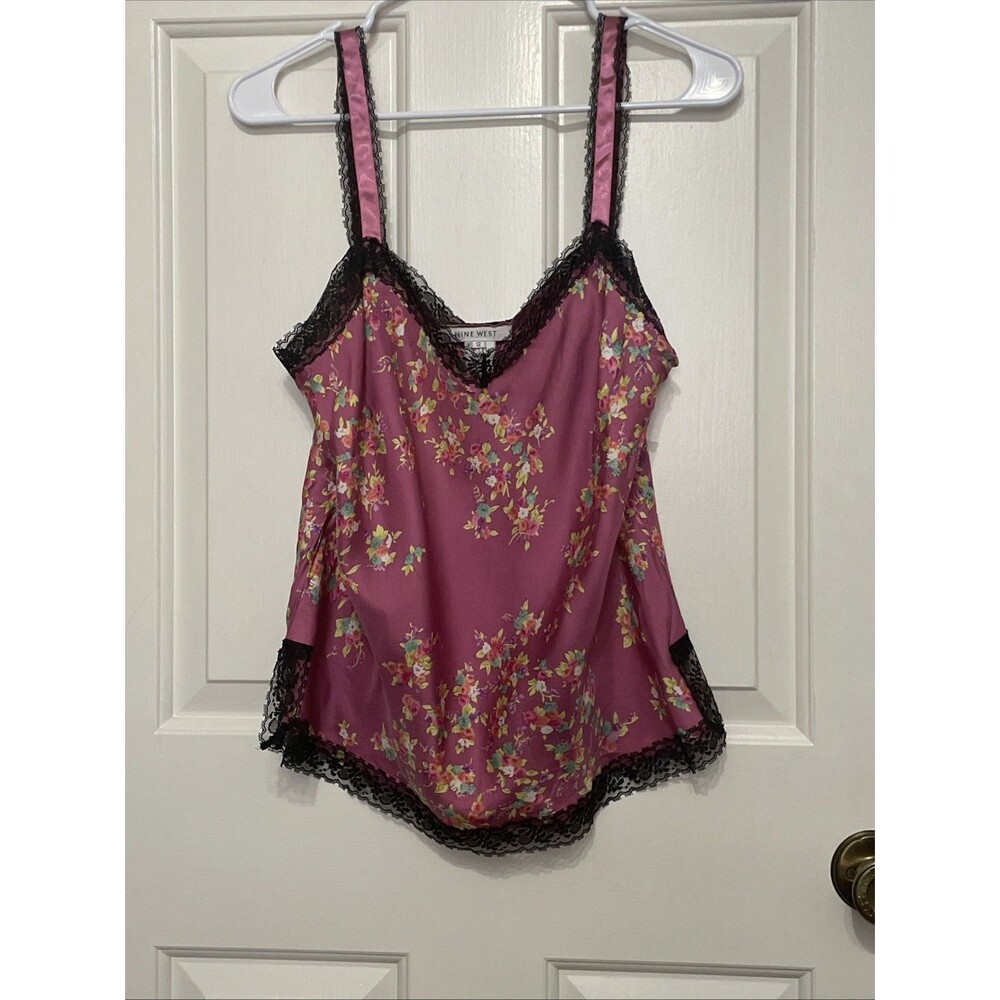 Nine West 100% Silk Floral Cami Top Satin Lace Trim 90’s Y2K Fairy Women’s Sz 12